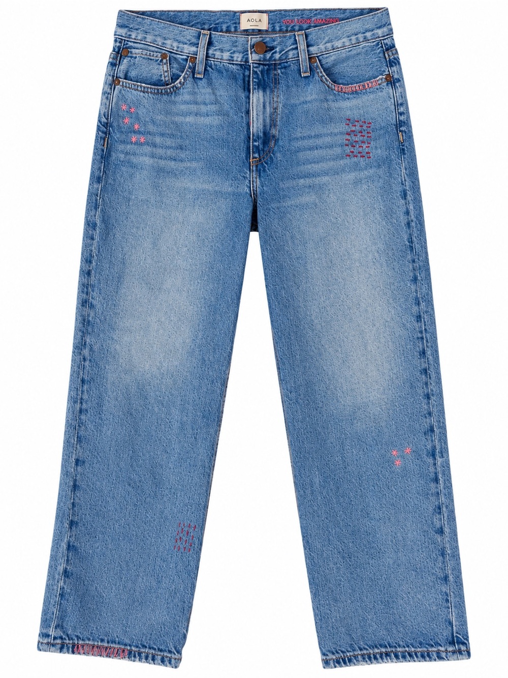AO.LA Alice Olivia Star Embroidered Straight Leg Jeans Light Wash Size 30